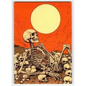 Vintage Halloween Photochrome Postcard Skeleton & Skull Pile Moon